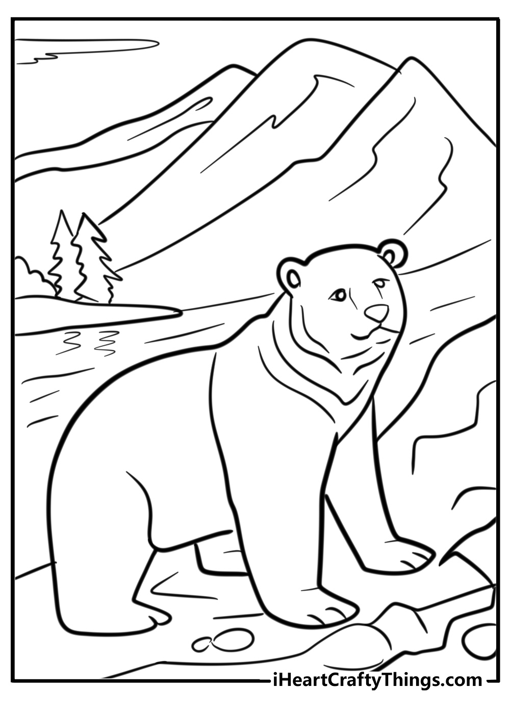 Bear coloring page walking in rocky terrain