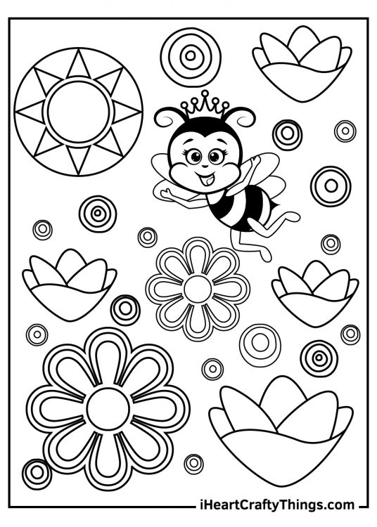 Printable picture featuring queen bee flying around with various shape flowers surrounding her