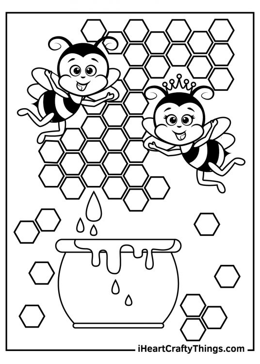 Picture featuring a worker bee on the left and a queen bee on the right lying over a huge honey jar