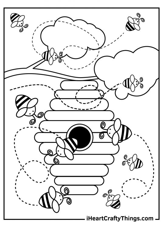 Detailed coloring picture featuring lots of cartoony bees swarming around a huge hive