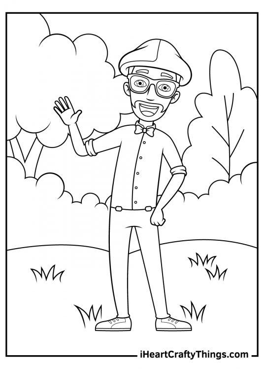 Coloring image presenting Blippi character waving and smiling with forest in the background
