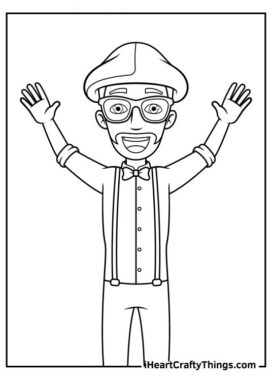 Coloring picture presenting excited-looking Blippi character with both his hands in the air