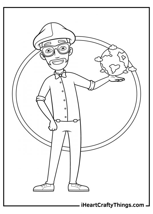 Printable coloring poster presenting Blippi character holding a globe in his left hand