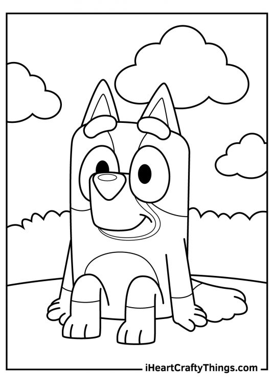 Bluey-themed coloring sheet presenting her sister Bingo resting outdoors with clouds and bushes in the background