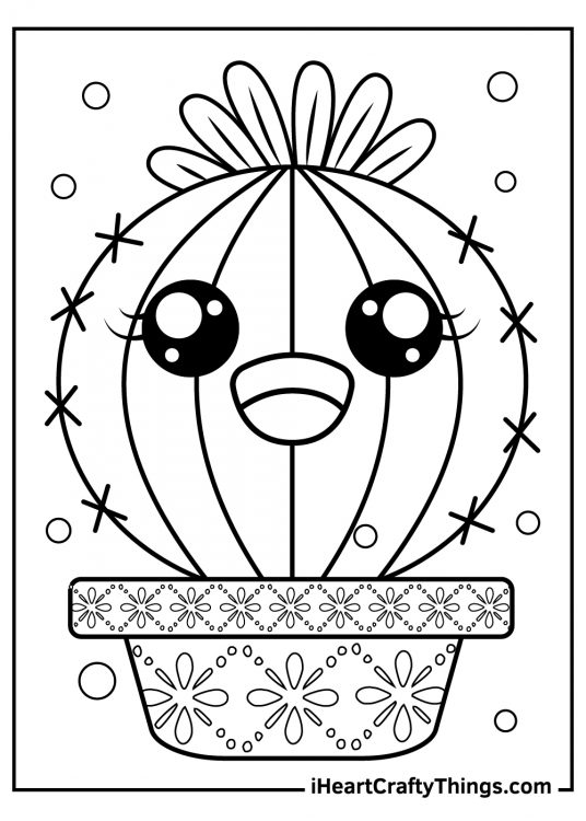 Coloring image presenting cute and quirky cartoony cactus in a highly detailed pot