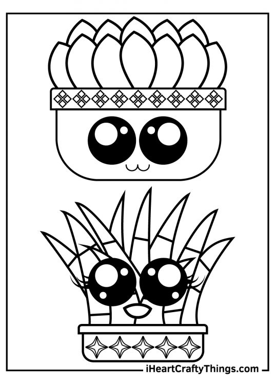 Cactus-inspired image featuring two different types of cartoony cactus plants planted in stylish pots