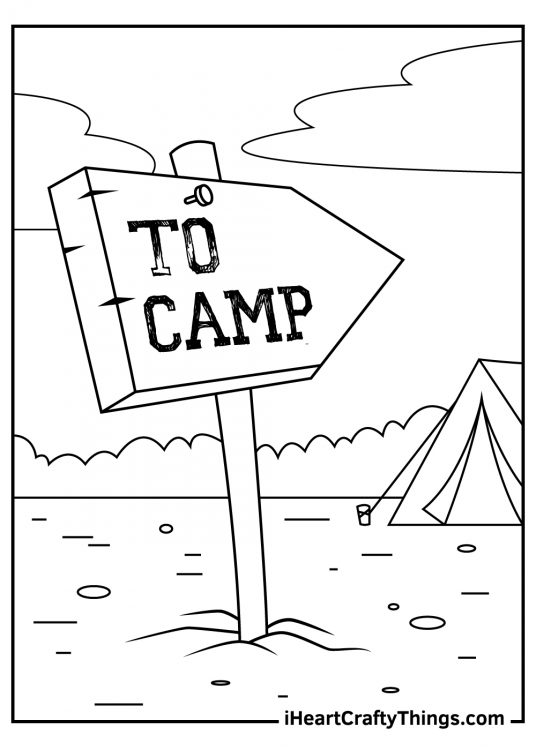 Free camping-themed coloring printable for kids featuring sign pointing the way TO CAMP