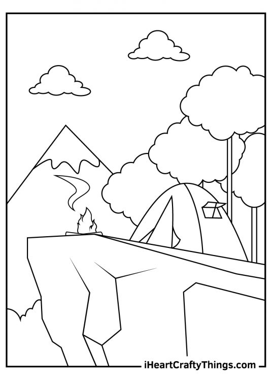 Camping-themed poster featuring tent perched on top of a cliff with trees and mountain in the background