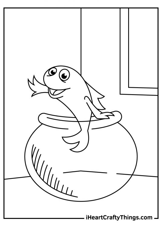 Cat In The Hat coloring sheet featuring cheerful goldfish waving from its glass bowl