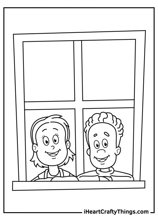 Cat In The Hat coloring sheet presenting two children looking happily out the window