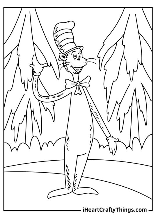 Cat In The Hat coloring page presenting Cat himself with forest in the background