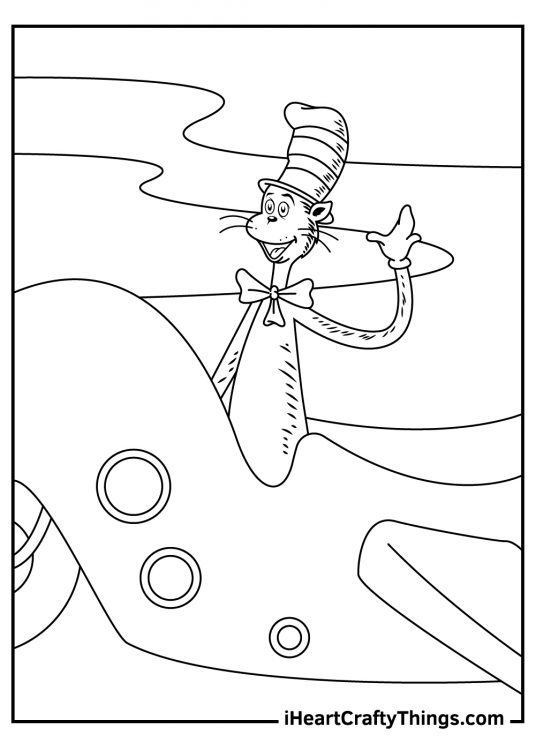 Picture to print and color featuring character Cat In The Hat piloting his airplane