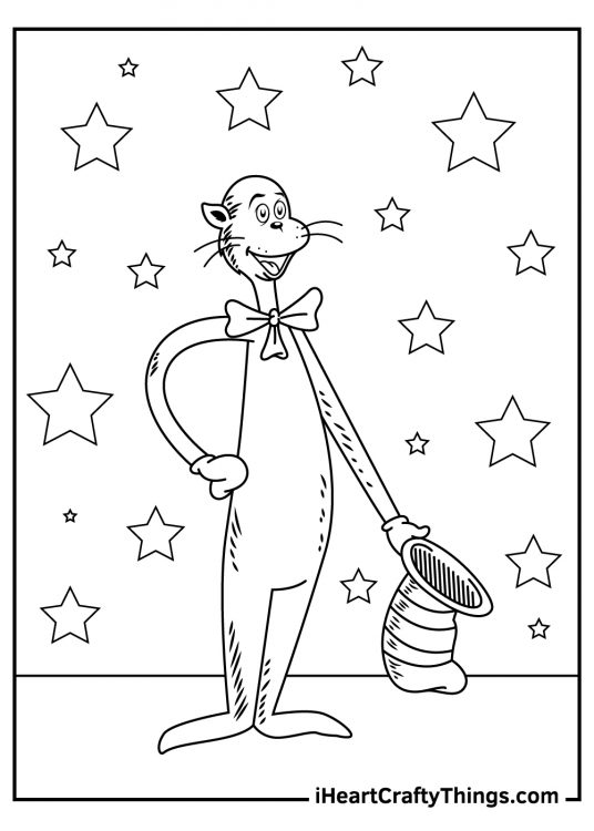Coloring sheet for children featuring Cat In The Hat tipping his hat surrounded by stars