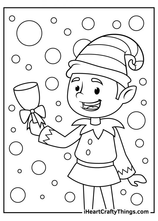 Christmas Elves-themed pdf featuring happy elf holding a wine glass with bubbles all around him
