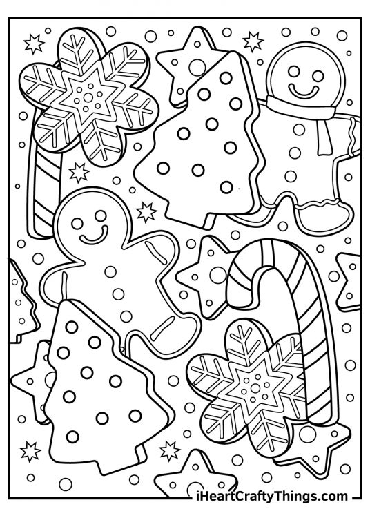 Christmas Gingerbread coloring page presenting a lot of freshly-baked gingerbread cookies in various shapes