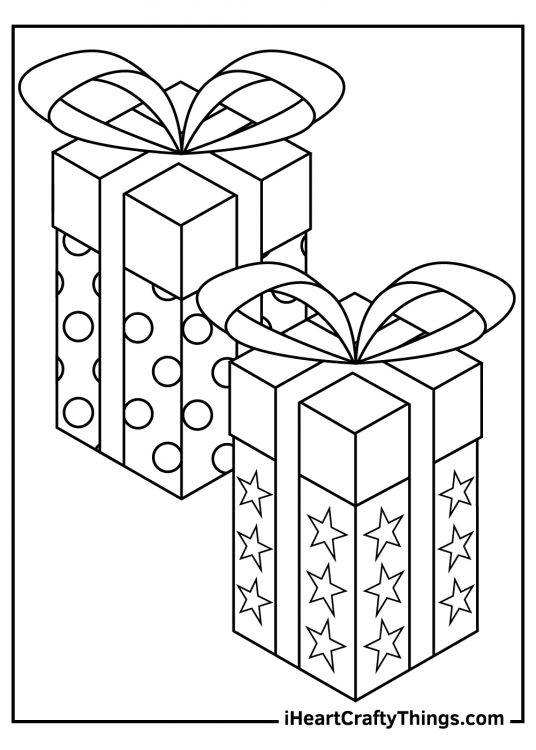 Printable coloring sheet featuring pair of Christmas presents wrapped in paper with dots and stars