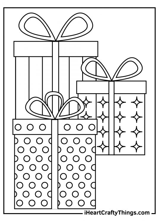 Detailed coloring page featuring three Christmas gifts with unique pattern schemes