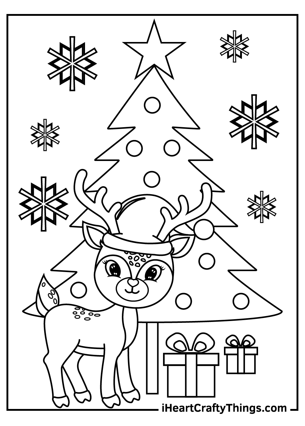 christmas tree and reindeers coloring pages 