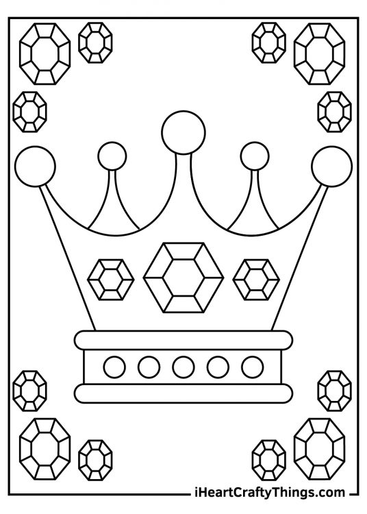 Printable coloring page featuring beautiful ornate crown filled with precious stones and surrounded by diamonds