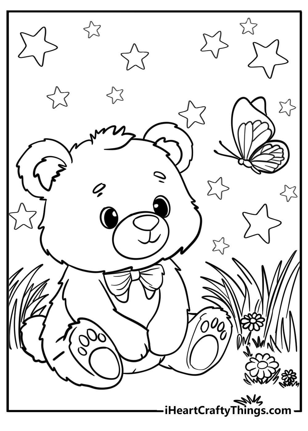 Cute bear coloring page sitting in grass with butterflies