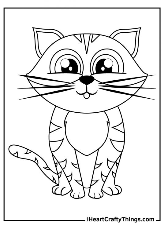 Printable coloring page of a kitten with huge sparkling eyes and stripes on its coat