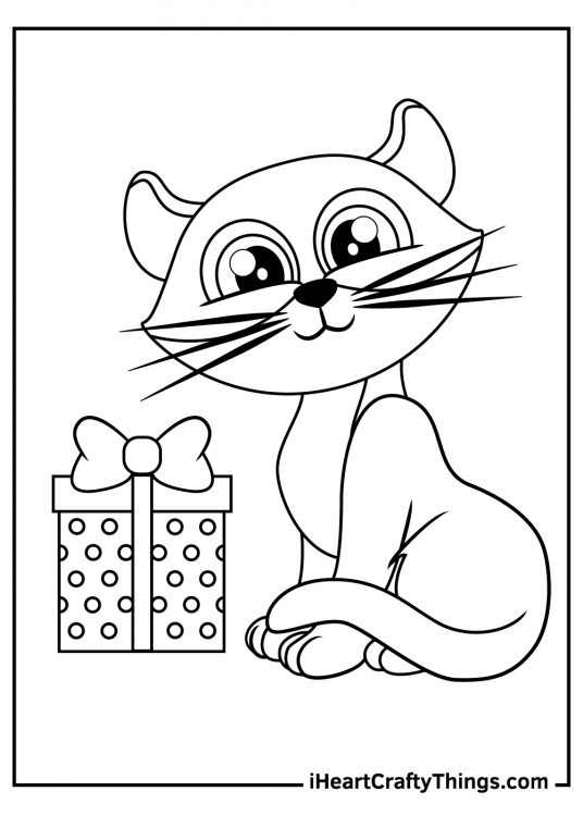 Coloring drawing for pre-schoolers featuring cute kitten sitting next to a gift box