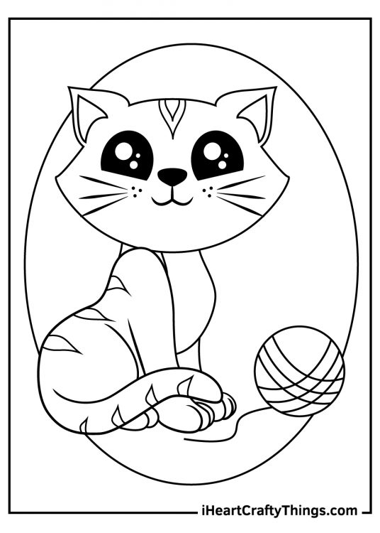 Drawing for children of a kitten with stripes on its coat playing with a ball of yarn