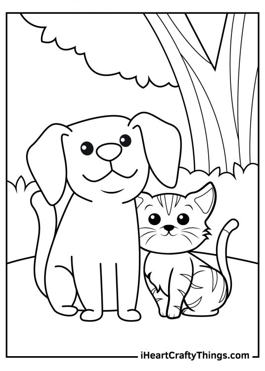 Free coloring picture of a dog and cat sitting outside with a tree and bushes of greenery in the background
