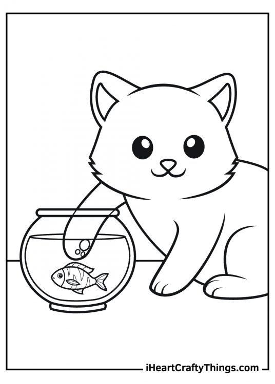 Dog and cat-themed image featuring cute fluffy cat trying to catch the fish in the fish bow