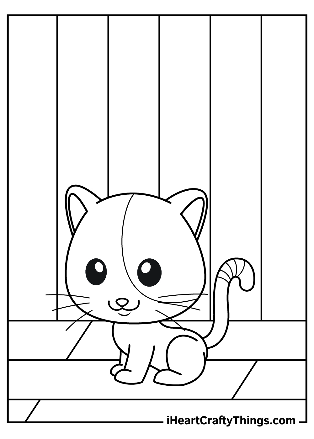 Dog and cat coloring printable featuring young little kitten wandering around the house