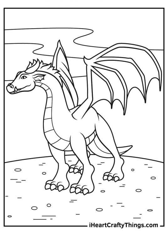 Coloring image featuring dragon with long neck big wings and long tail standing on the ground