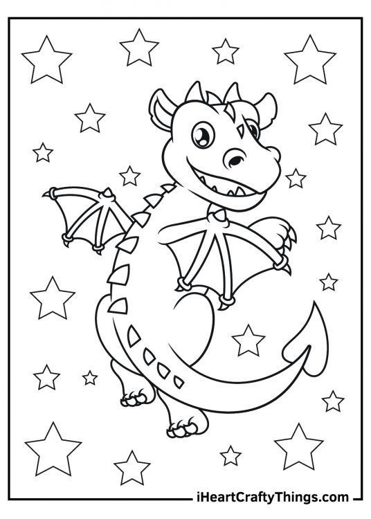 Picture capturing cute cartoony dragon flying through the air surrounded by stars