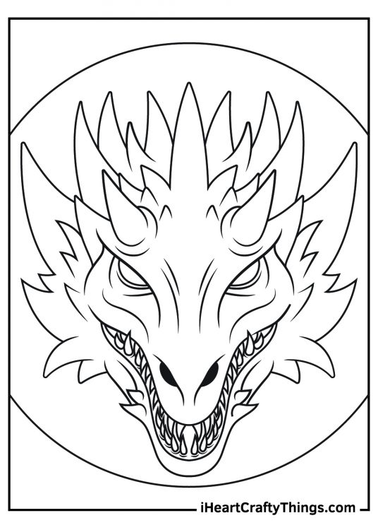 Detailed dragon-themed printable presenting a close-up face of a fierce-looking dragon