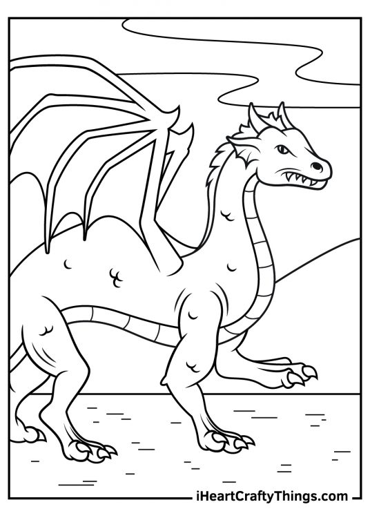 Dragon-themed coloring sheet featuring angry-looking dragon with big wings and sharp claws
