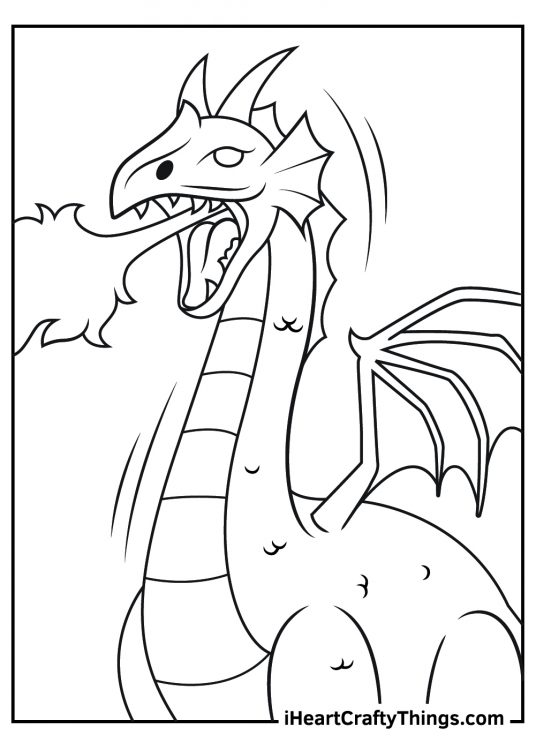 Printable coloring poster featuring dangerous and fierce-looking dragon blowing fire
