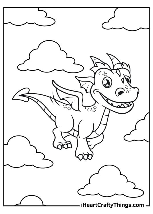 Free picture to print and color featuring happy baby dragon flying through the sky