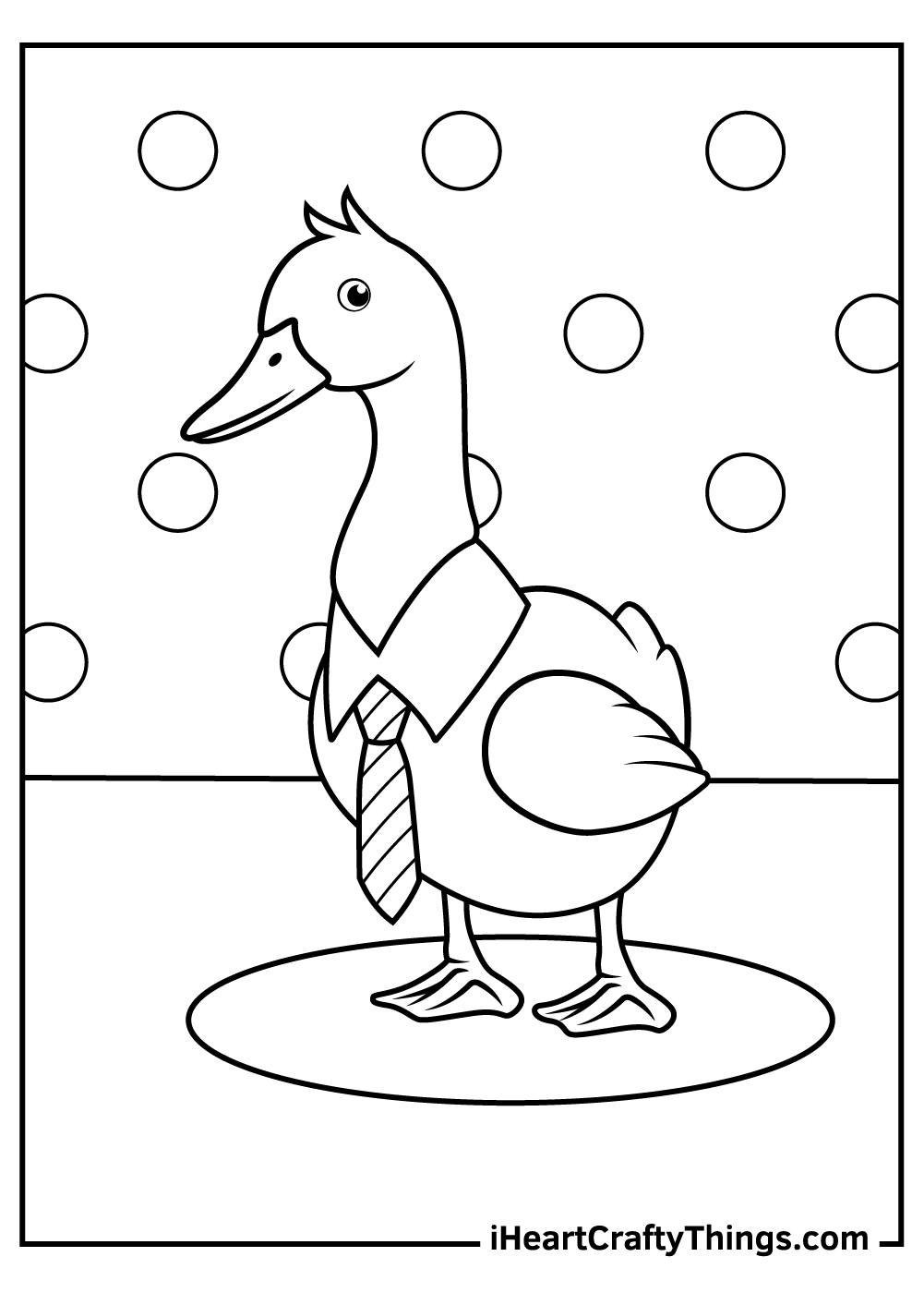 Free pdf to download and color featuring fancy duck wearing a tie and collar with bubbles in the background