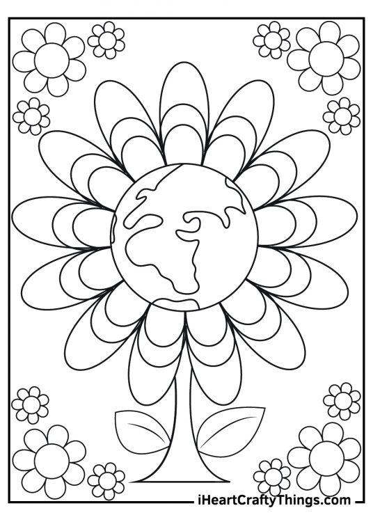 Earth Day-themed page of an Earth featured in the middle of a flower surrounded with more flowers all around it