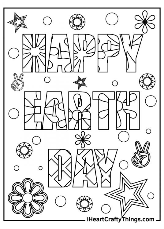 Coloring card with a "Happy Earth Day" message written with patterned letters surrounded by stars and flowers