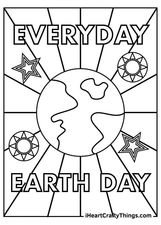Coloring poster with an Earth in the centre surrounded by "EVERYDAY EARTH DAY" message and various stars
