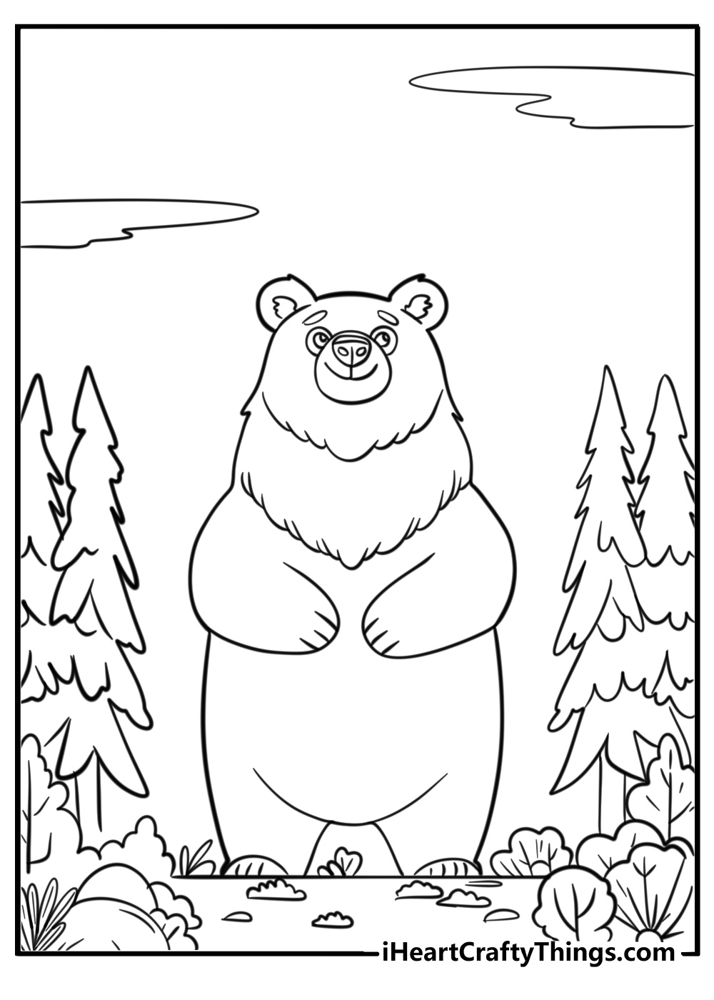 Easy adult bear coloring page standing in forest for kids