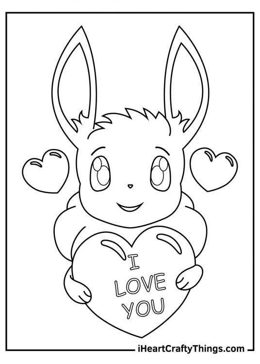 Eevee holding a heart with a phrase 