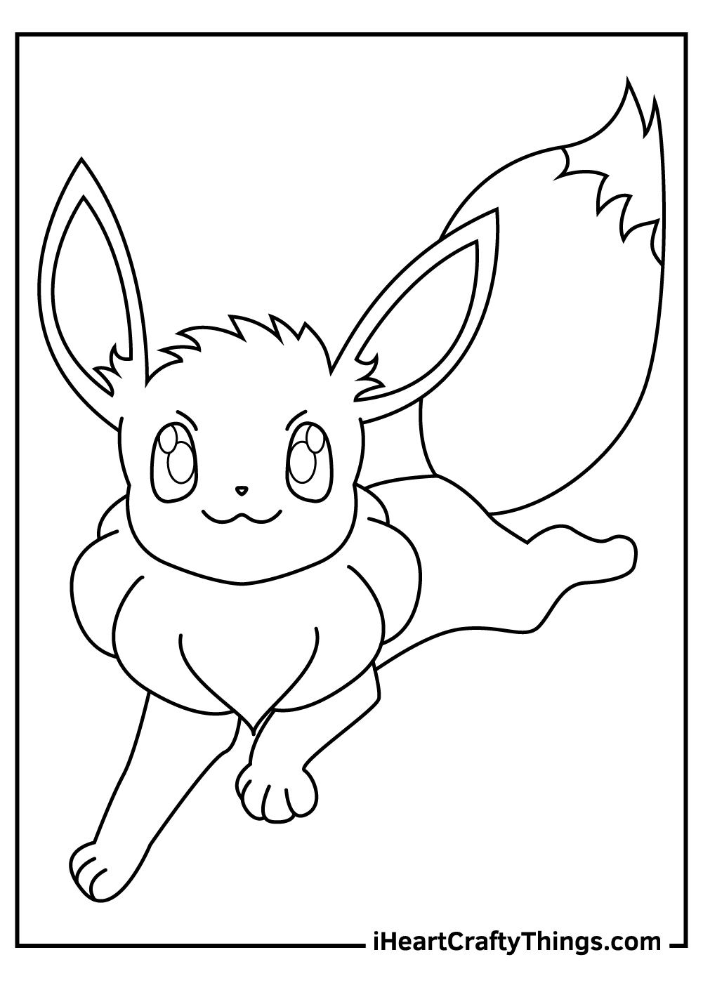 Detailed coloring printable for kids of an Eevee laying down and looking very happy