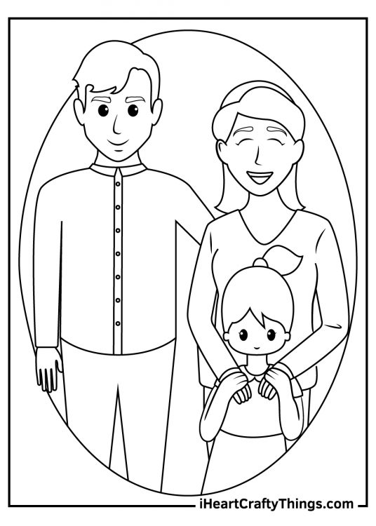 Free coloring printable of a wonderful family of three gathered for a photo with mum laughing