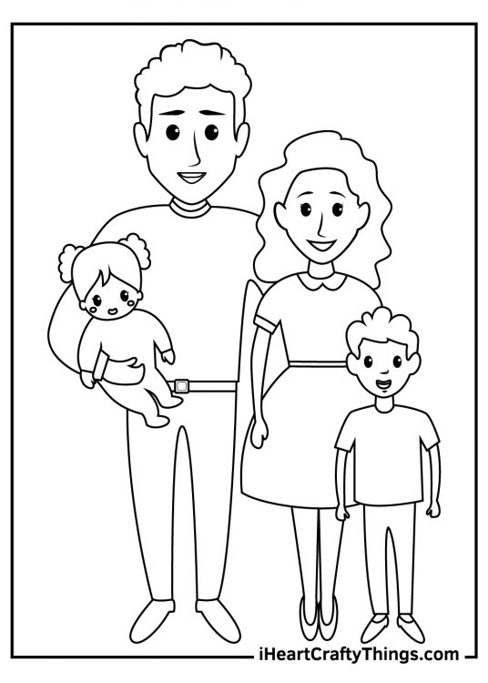 Coloring page featuring a family of four with a toddler held in dads arms and a son standing by moms side