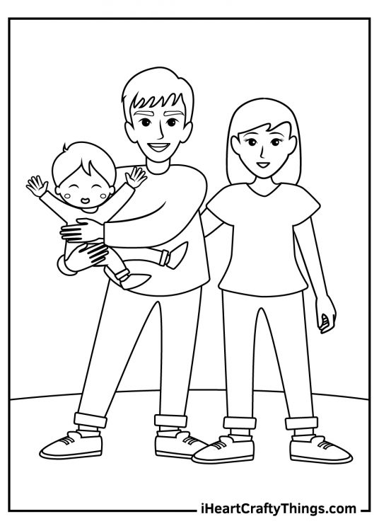 Printable coloring picture of a family of three with a wriggling son in his dads arms