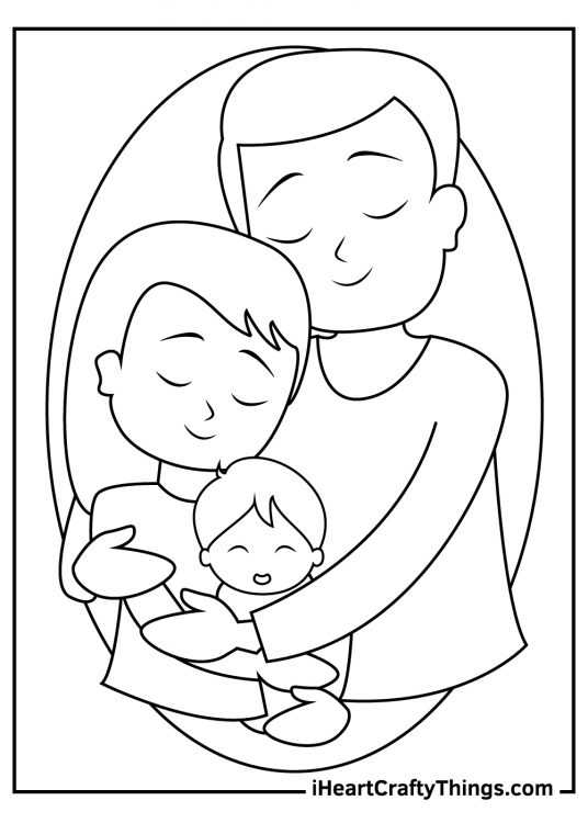 Free printable pdf featuring a family of three with a baby in parents arms taking a family photo