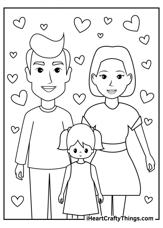 Free coloring page featuring a lovely family of three with daughter in the centre and hearts all around them
