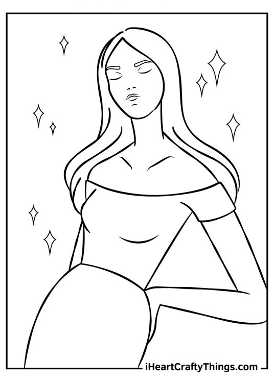 Fashion coloring sheet featuring glamorous woman with long hair posing surrounded by sparkles