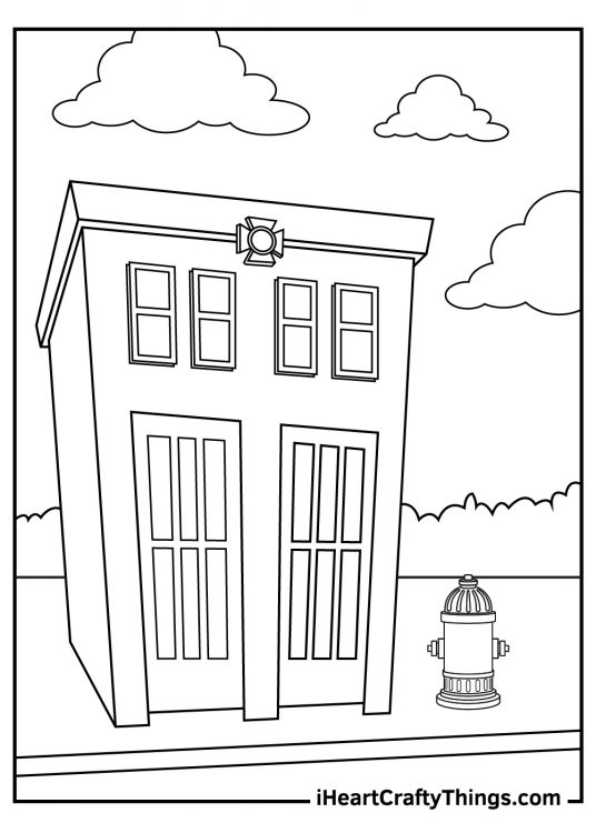 Coloring printable featuring a fire department building with a fire hydrant next to it